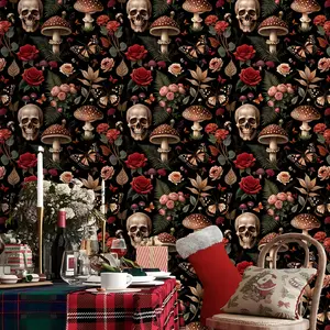 Gothic Aesthetic Skull & Floral Peel and Stick Self-Adhesive Wallpaper Designs - Waterproof Vinyl Removable | Halloween Decor for Living Room, Bedroom Wall Renovation & Home Decor