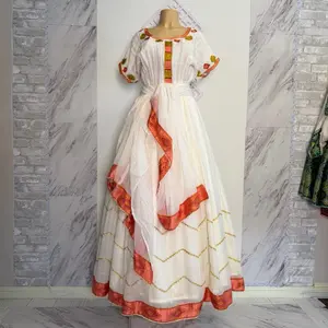Ethiopian and Eritrean Traditional Dress - White with Orange & Gold Embellishments, Elegant Look