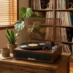 Myvision Vintage Wood Rechargeable 3-Speed Bluetooth Portable Vinyl Turntable - 33-1/3/45/78 RPM, Stereo Speakers, RCA Line Out, AUX In, Headphone Jack, Compatible with 7/10/12-Inch Records, Bedroom Audio Accessory