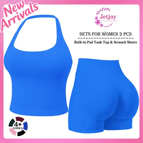 Jetjoy Women's 2-Piece Gym Set,Workout Sets for Women 2 Piece Gym Outfits Seamless Longline Halter Backless Crop Top Scrunch Bum Shorts Tracksuit Sportswear Activewear