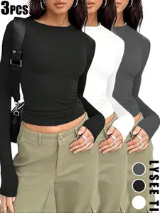Women's fashionable casual solid color simple black, white, and gray three piece mixed color outfit women's round neck T-shirt