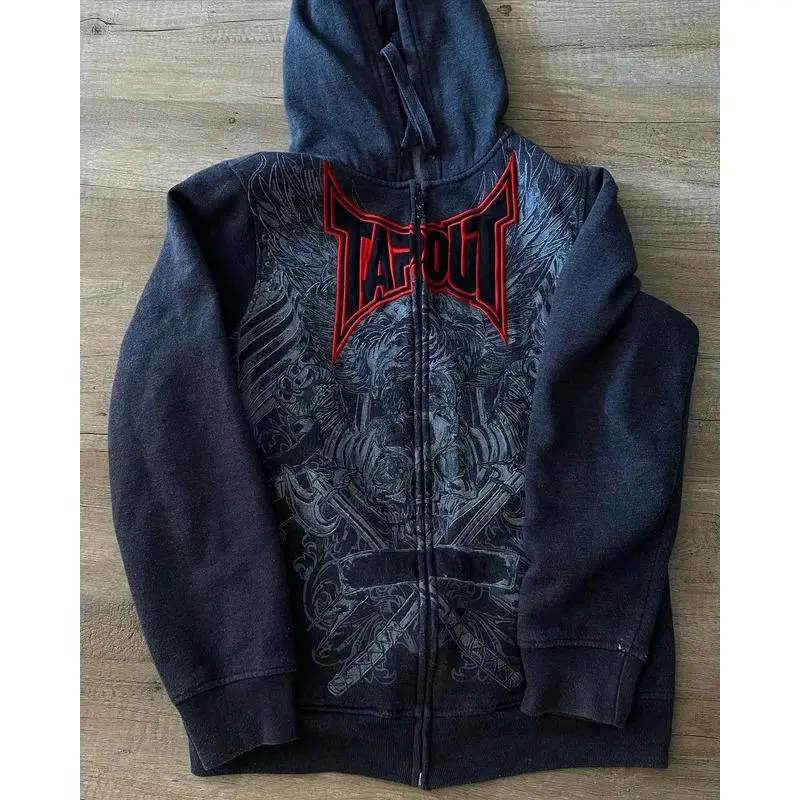 Retro Graphic Print Tapout Zipper Hoodie Y2K Sweatshirt Women Mens Hip Hop Letter Hoodie Jacket Clothes Streetwear