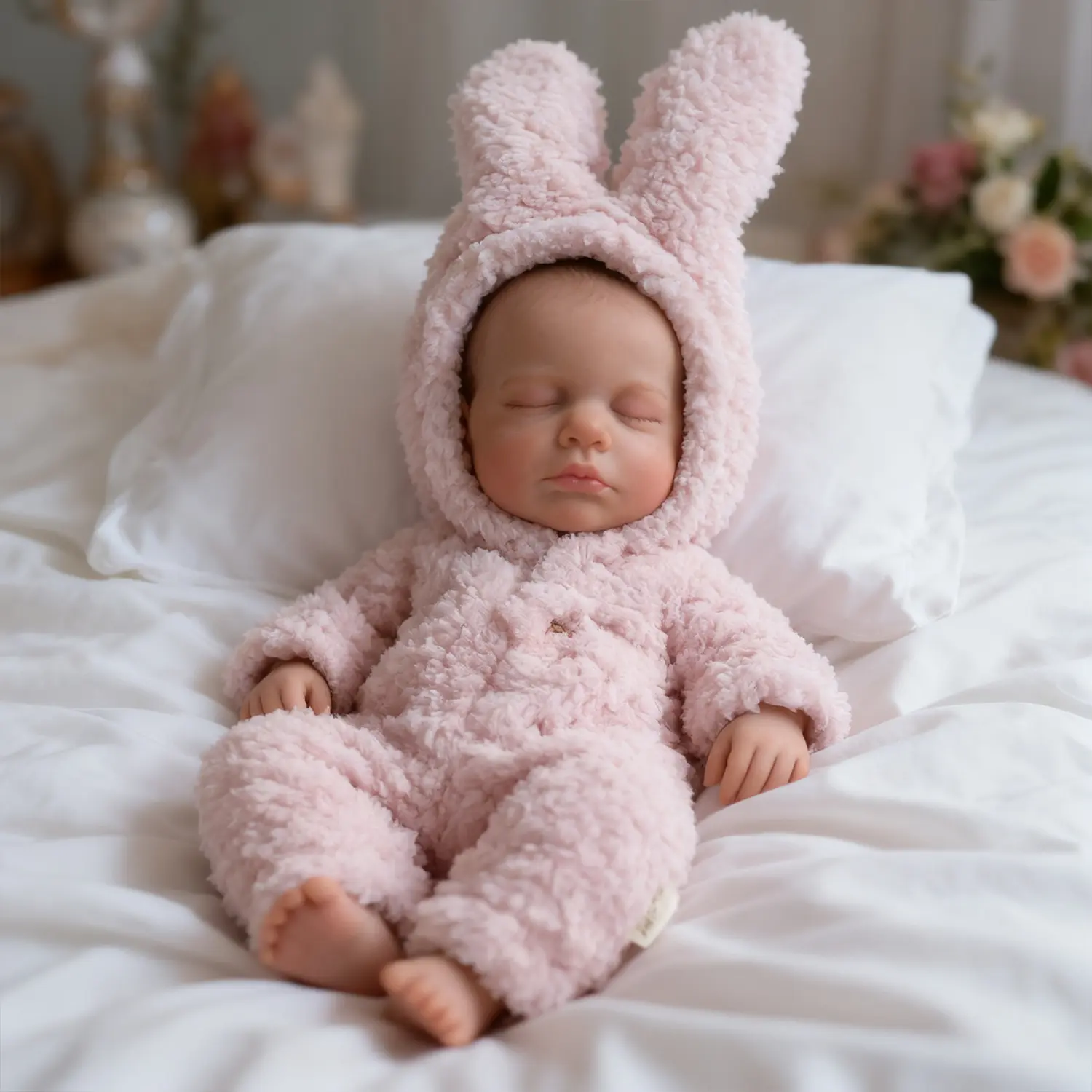 12-Inch Realistic Full Vinyl Fashion Doll for Girls - Hand-Painted Face, Cute Pink Plush Rabbit Romper, Emotional Support Toy, Birthday/Christmas Gift for Kids