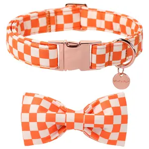 Fall Orange Plaid Bow Tie Dog Collar - Cotton, Metal Buckle, for Puppy Boys & Girls