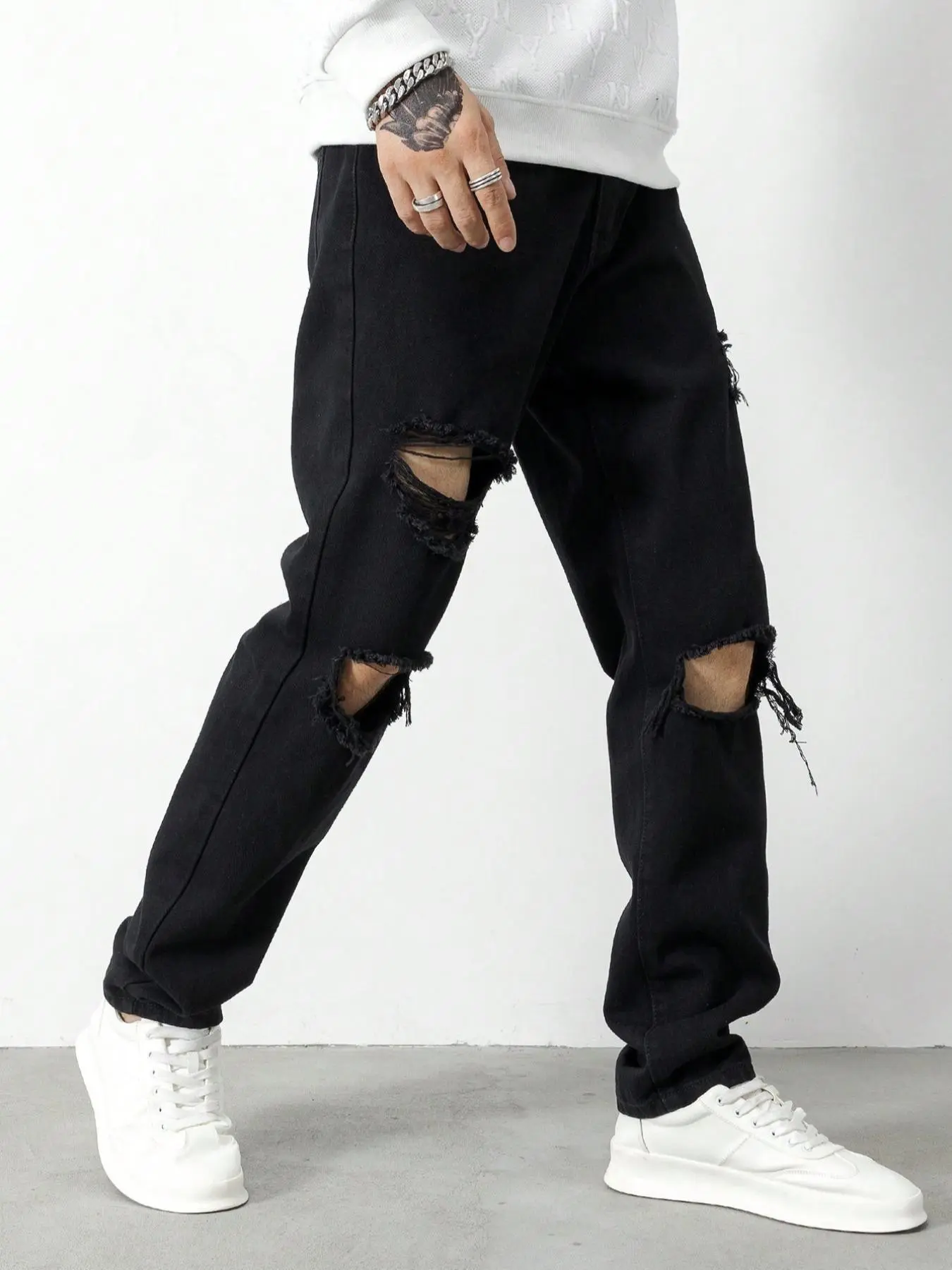 Men's Solid Color Ripped Straight Leg, Loose Relaxed Fit Casual Fashion Denim Comfy Jeans Pants for Daily Wear, Woven Bottoms for All Seasons, Cotton, Menswear, Streetwear, Denim Trousers
