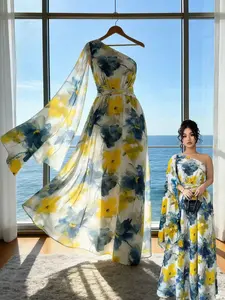 Plus Size French Shoulder Watercolor Floral Midi Dress, Summer New Slimming Elegant Vacation Dress, Loose-Fitting All over Print