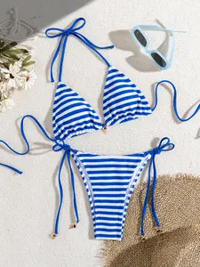 Summer Vacation Striped Bikini Set, Fashionable Women's Strappy Backless Halter Bikini, High Elasticity Fabric, Knot Detail