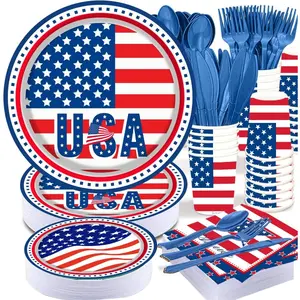 4th of July Party Supplies Tableware Set 177 PCS Patriotic American Flag Paper Plate Disposable Set with tablecloths Red Blue White USA Plates Napkins Cups Forks Spoons for Picnic Barbecue