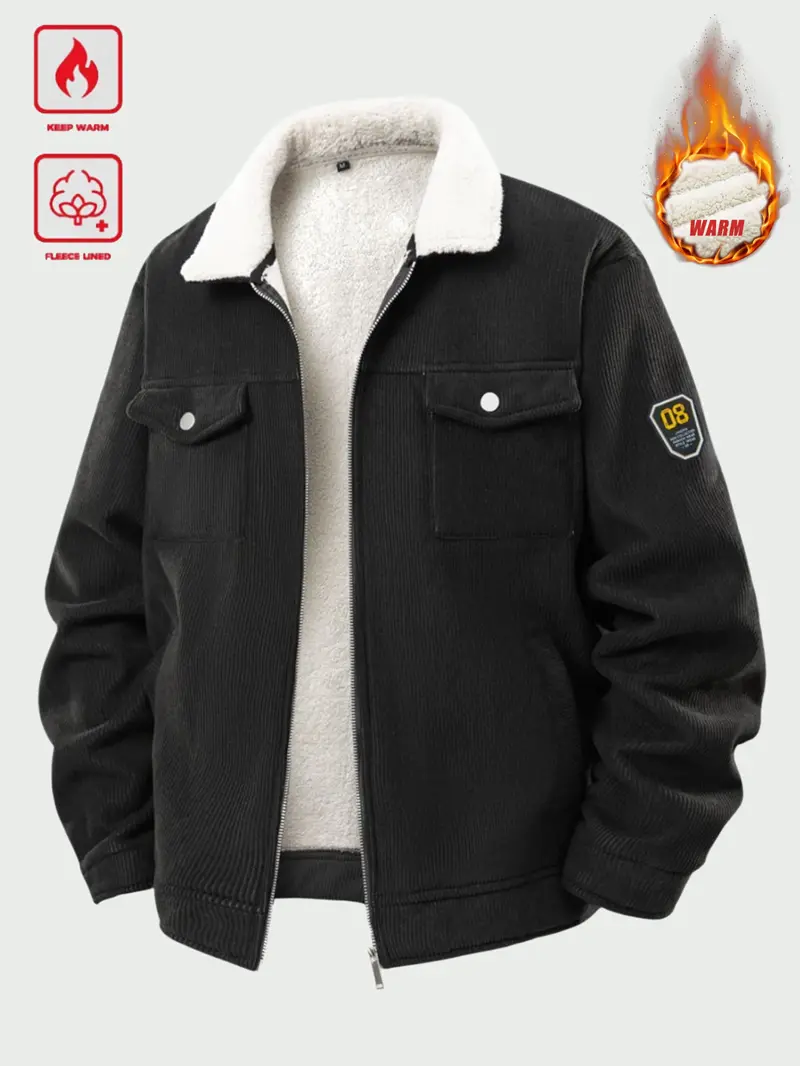 Men's Winter Corduroy Fleece Lined Thick Warm Workwear Jacket with Multiple Pockets, Suitable for Office and Commuting, Outdoor Sports Winter Coat