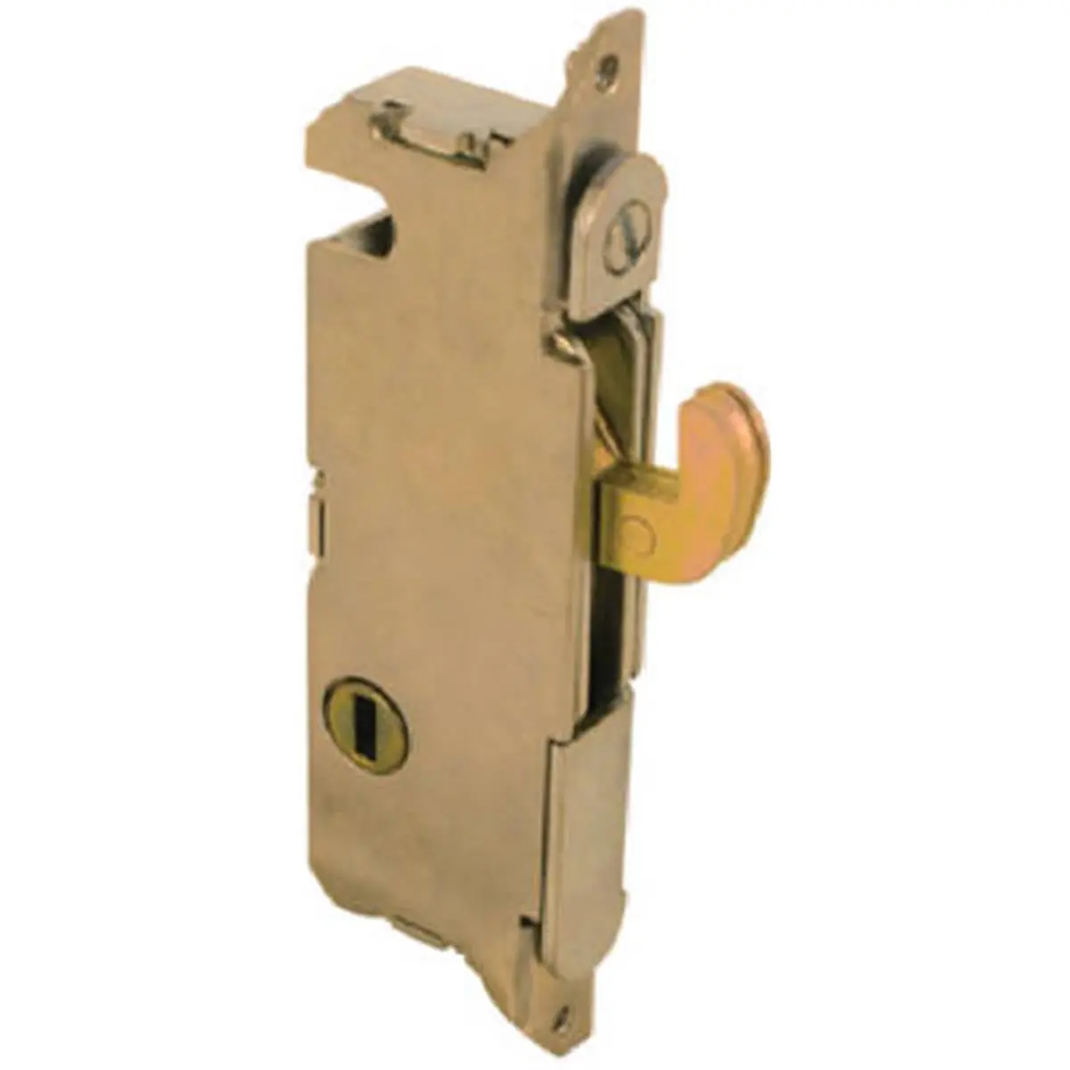 Prime Line 15410 Sliding Glass Door Mortise Lock - Adjustable Hook, Vertical Keyway, Round End Face, Steel Housing, 0.28 lbs, 2.87x2.87x0.28 in