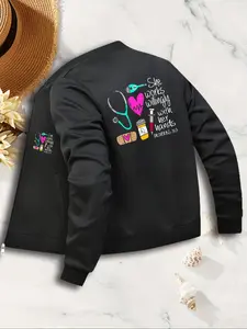 Women's Casual Everyday Zipper Jacket, She Works Willingly Graphic Print, Fitted Style, All Seasons Wear, Fashionable Ladies Outerwear, Coats