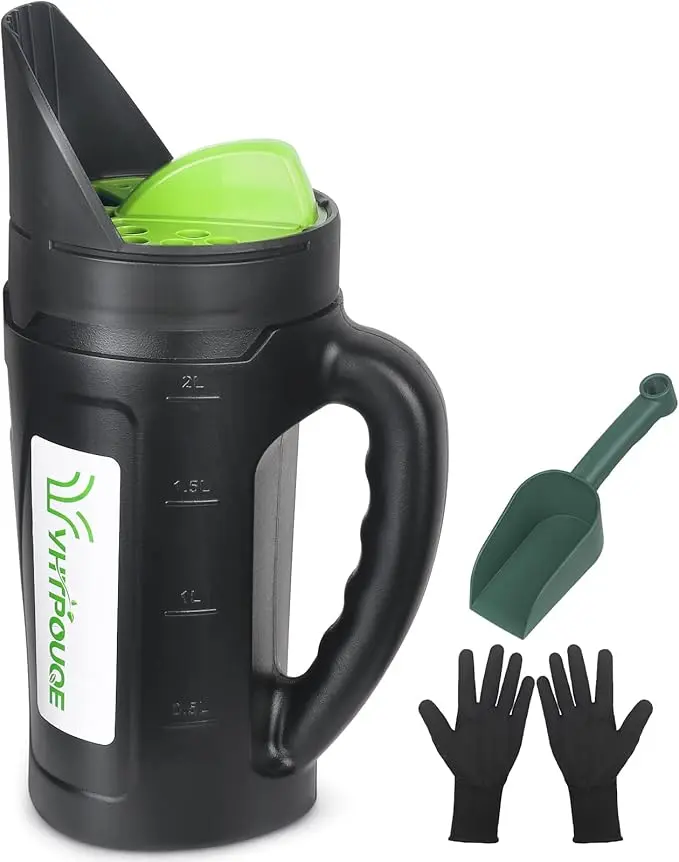 Yhtpouqe Portable Handheld Spreader Tool - Ergonomic Design Handle, 80 Oz (2.5L) Capacity, 3-Setting Adjustable Holes, 1-Handed Use for Lawn, Garden Grass Seed, Ice Melting (Home Improvement Garden Supplies)