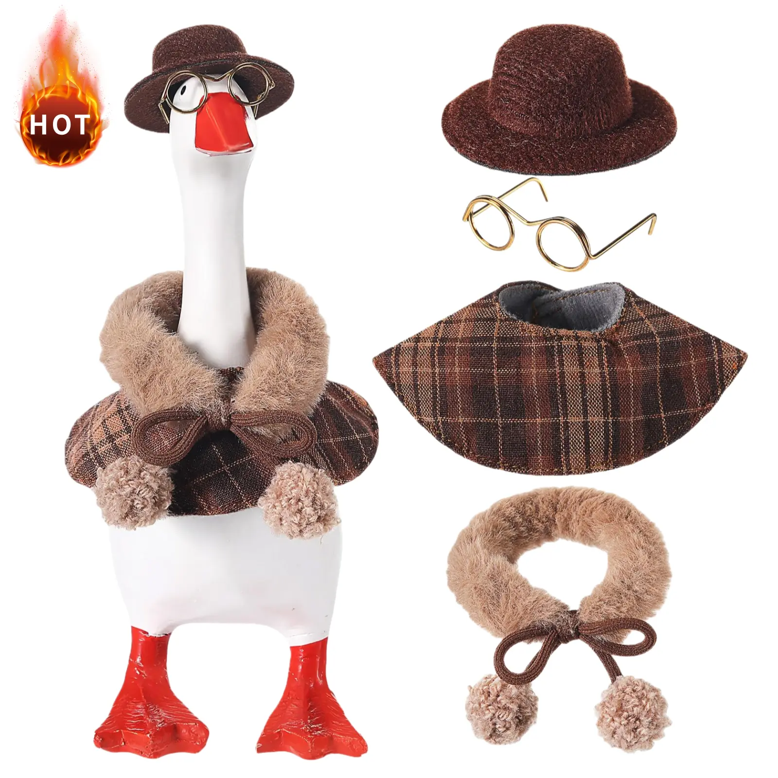 4-Pcs Soft Polyester Fluffy Mini Desk Goose Accessory Set - Detective Hat, Plaid Cape, Glasses for Magnetic Desk Duck Statue, Winter Tabletop Collectibles, Creative Photography Prop, DIY Gift for Hobby Enthusiasts