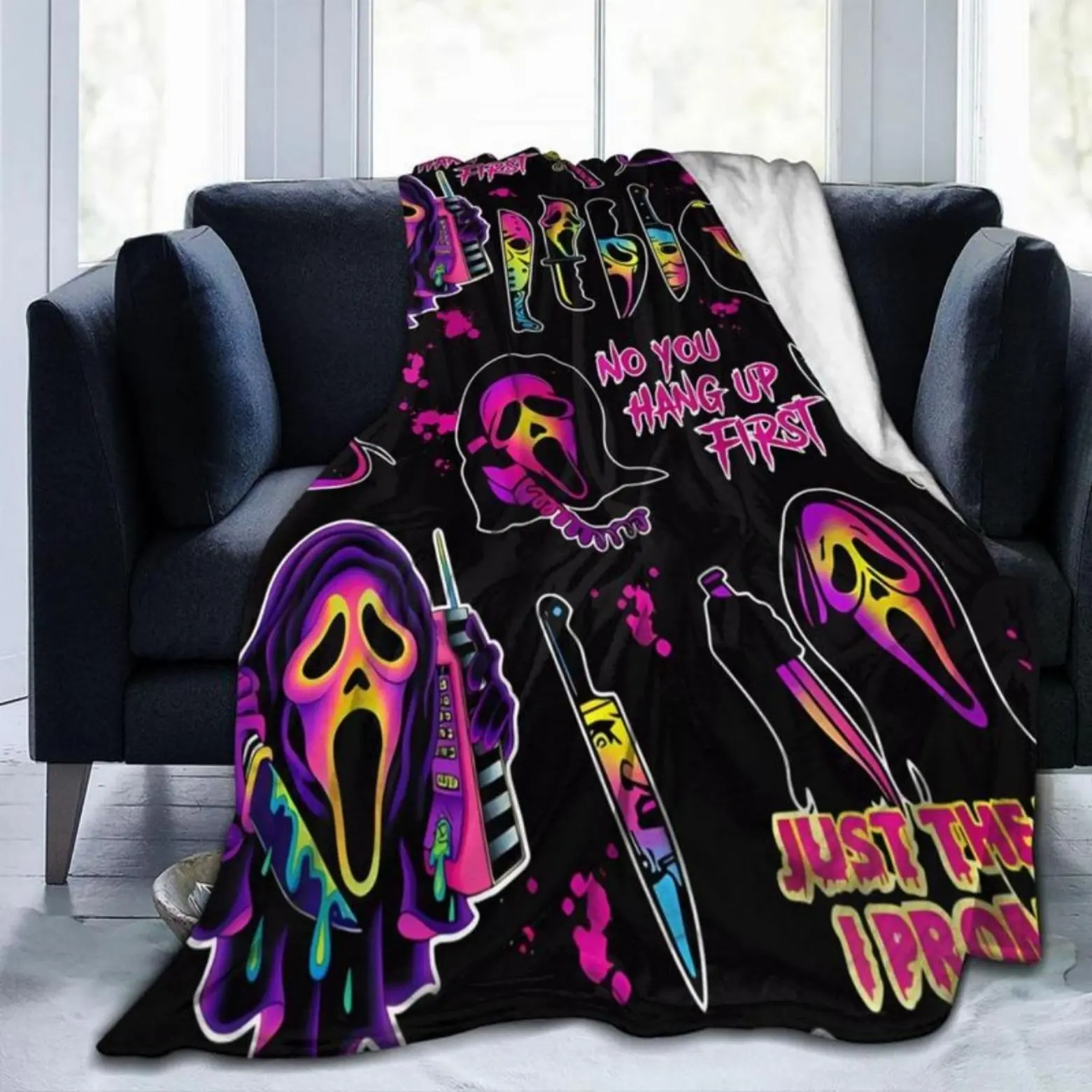 Ghostface Throw Blanket - Spooky Horror Home Decor Blanket, Cozy Aesthetic Breathable Anti-Slip Velvet Soft Flannel, Wrinkle-Resistant Warm All-Season, Lightweight for Beds & Couch, No You Hang Up Character Halloween Gift
