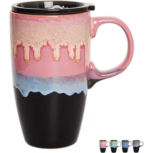 Ceramic Travel Coffeel Mug with Handle and Lid, 18 oz, Portable Coffee Cup for  Cup Holder, Microwave and Dishwasher Safe, Reactive Glaze (Pink)