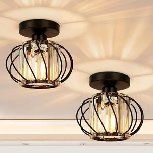 2-Pack Semi-Flush Mount Ceiling Lights, Small Crystal Pendant, Farmhouse Metal Cage, Indoor Industrial Lamps, Living Room, Hallway, Bathroom, Kitchen, Indoor Lighting, Home Decor Light