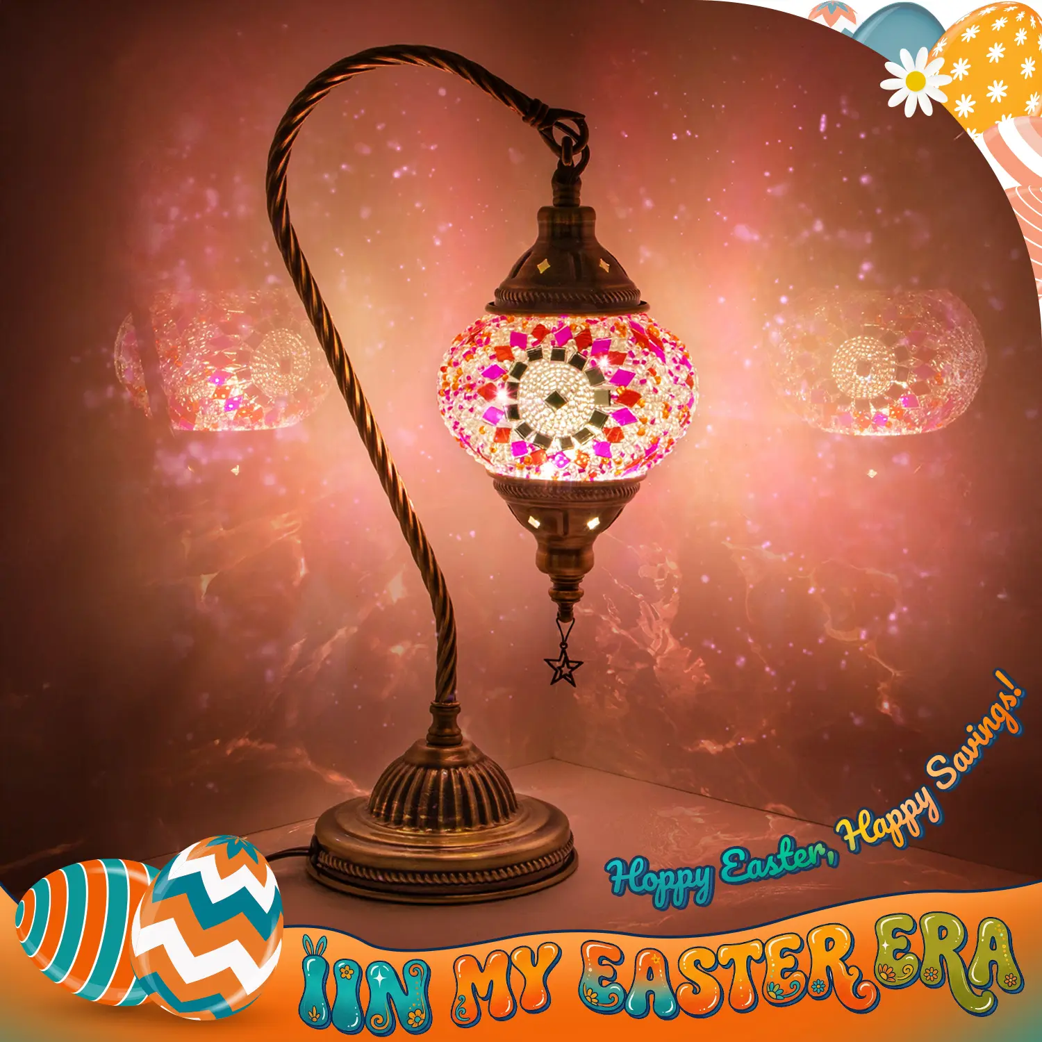 Yarra-Decor Turkish Moroccan Lamp with Bronze Base 3 Color Options Handmade Swan Neck Tiffany Mosaic Glass Valentine's Day gifts Bedside Lamps for Bedroom (LED Bulb Included) Crystal Colorful Lights Christmas gifts Valentine's Day gifts Easter gifts tikto