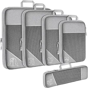 white Compression Packing Cubes 5 Pack Luggage Packing Organization Cubes See Through Mesh Packing Cubes with Double Zipper Handle for Travel Suitcase Luggage