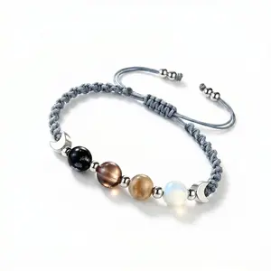 Witchy Natural Crystal Energy Bracelet - Moonstone, Obsidian, Smoky Quartz, Labradorite, Dark Gradient Beads, Soft Cord - Witchtok Everyday Costume Jewelry for Negativity Clearing, Emotion Balancing, Enhances Intuition