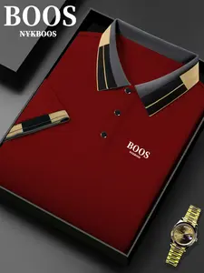 Hh3425 Fashion Boss Logo Print Men's Polo Shirt, Elastic Casual Breathable Four-Season Comfortable Durable High-End Polo Top