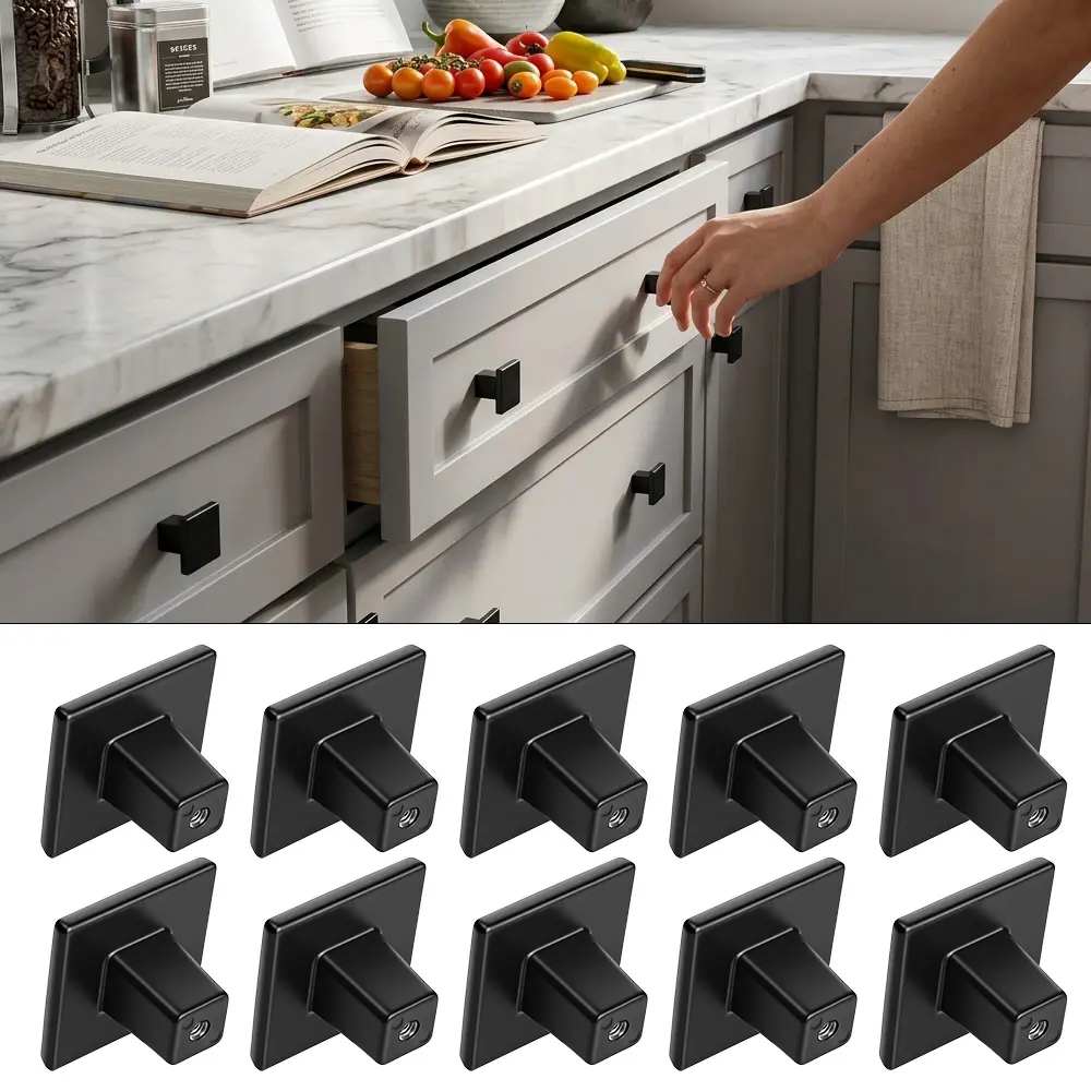 10 Pack Black Cabinet Knobs, 1-3/16 Inch Square Zinc Alloy Drawer Knobs Single Hole, Solid Zinc Alloy, Rust Resistant, Mounting Screws Included, Easy to Install, for Dresser, Drawer, Cupboard - Home Improvement.