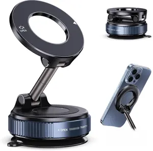 Vacuum Magnetic Suction Phone Holder, Foldable and Retractable Hands-Free Suction Cup Phone Mount for Car/Gym/Mirror/Smooth Surface, Compatible with iPhone Android and All Smartphones (Black)