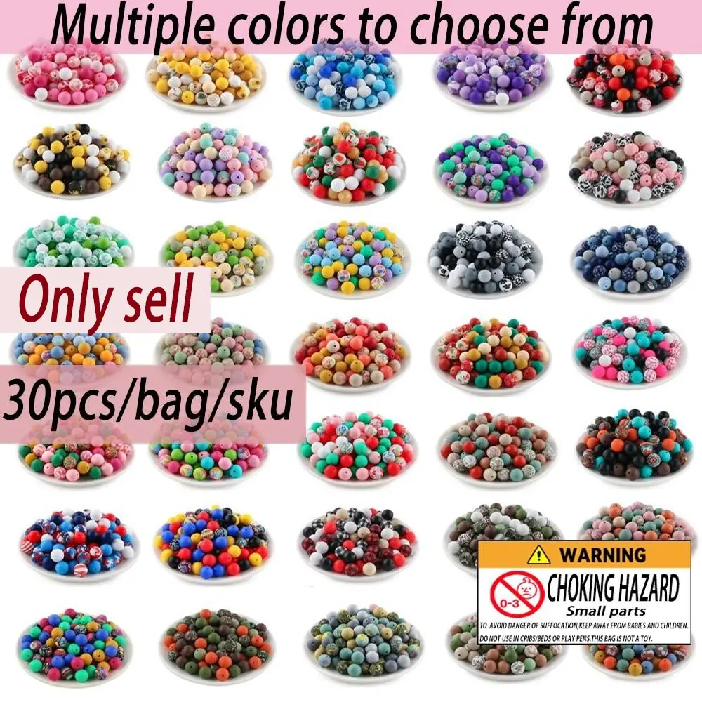 30pcs silicone printed beads and solid color beads combination DIY Handmade Beads craft, bead pens, keychain pendants, art supplies, Bead Assortment, Beading Accessories, Beads For Crafts