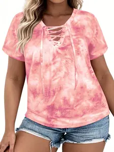 Plus Size Summer Tops for Women Chic Tie Dye TShirt Cute Lace Up V Neck T Shirts Casual Comfy Short Sleeve Tunic Tees XL–5XL VPS0187 printed classic