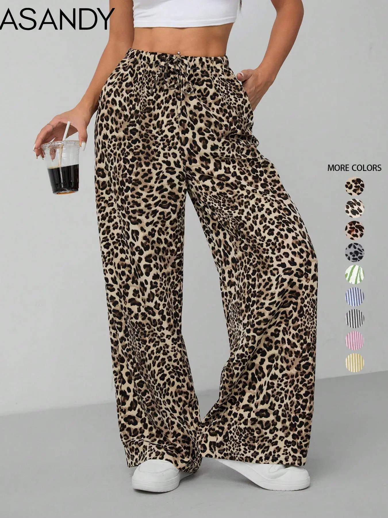 Women's Leopard Print Tie Front Pocket Wide Leg Pants, Casual Comfy Straight Leg Trousers for Daily Wear, Ladies Bottoms for All Seasons, Womenswear, Casual Chic Trousers