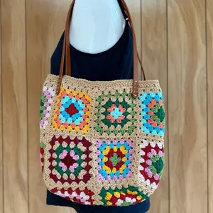 Crochet Granny Square Tote Bag Handmade Boho Market Bag with Colorful Floral Patterns and Brown Handles