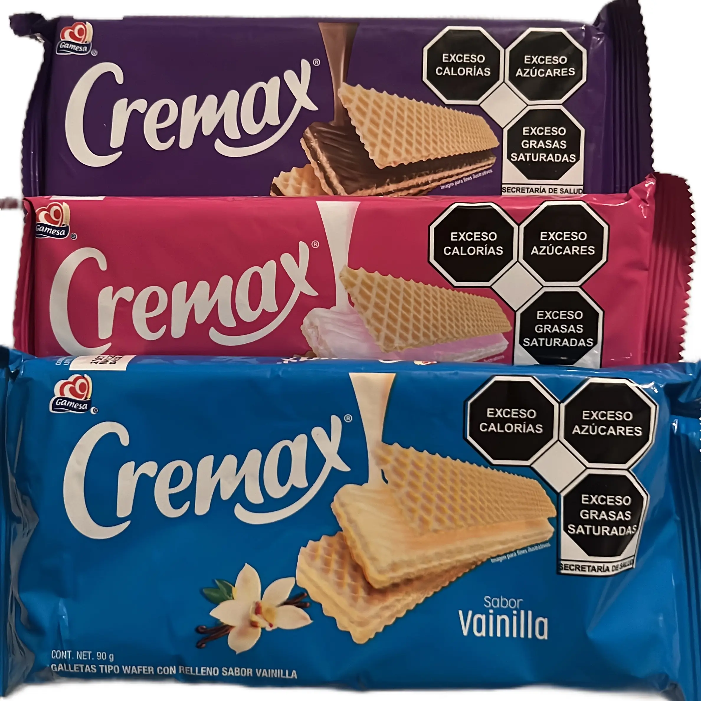 Cremax de Gamesa. Includes 3 packs. Three delicious flavors to choose from. Vanilla, Chocolate, and Strawberry 90 grams each pack. Cremax Chocotella for a limited time.