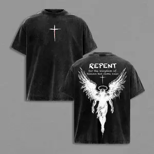 Repent Vintage Washed Oversized Christian T-Shirt, Angel Wings Faith Graphic Tee,“Kingdom of Heaven Has Come Near”Gospel Streetwear Top,Heavy Cotton Unisex Retro Worship Shirt