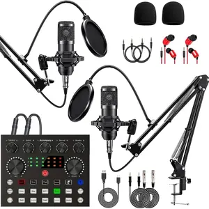 Professional Podcast Equipment Bundle with Headphones, Multifunction Studio Condenser Microphone with V8s Voice Changer, Recording Microphone for Podcasting, Recording, Singing, Streaming and Gaming, USB Audio Mixer