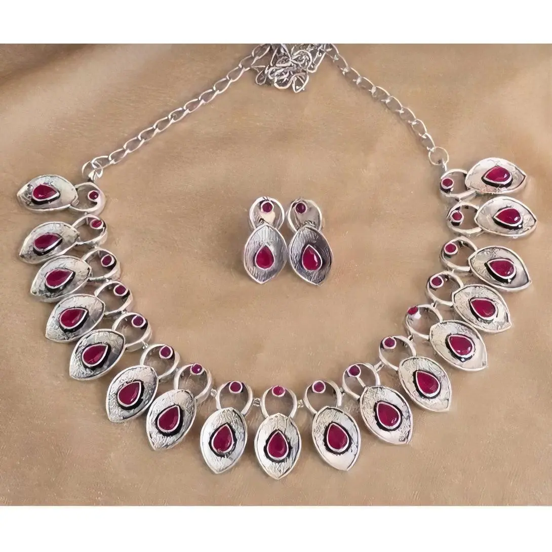 Handcrafted Necklace and Earrings Set with Red Stones and Silver Color