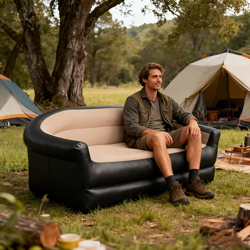 Inflatable Folding Sofa Twin Seat, Portable Plush Lounge Chair, Ideal for Indoor and Outdoor Use, Camping, Picnic, Balcony, Living Room, RV Essential, Convertible Couch, Folding Floor Couch