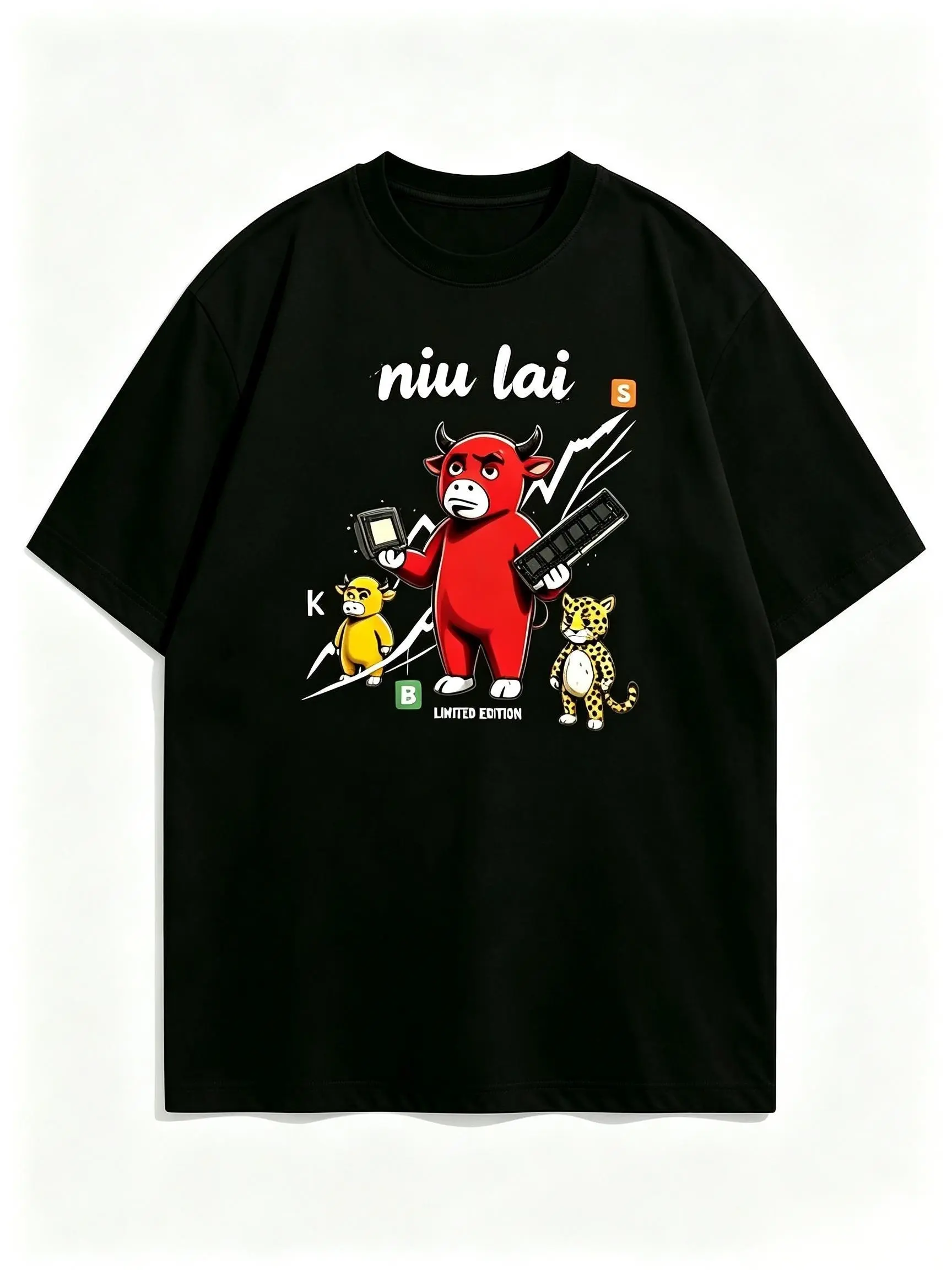 Men's Unisex Short-Sleeve T-Shirt - Red Bull Market Vibe Mascot Graphic, Y2K Cartoon Streetwear Top Menswear