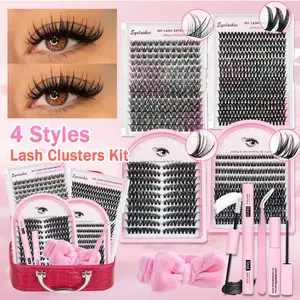 DIY Mixed Styles Lash Clusters Set, Lash Extensions, Eyelash Falsies, Flora / Cat Eye Lashes, Soft & Lightweight, Lash Clusters With Bond, Seal, Remover, Tweezers & Headband, Easy DIY Salon Look at Home Long-Lasting for Beginners, DIY Eyelash Extensions