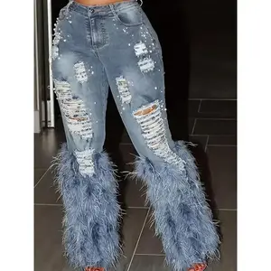 Denim Ripped Design Pearl Embellished Jeans(Sheet)