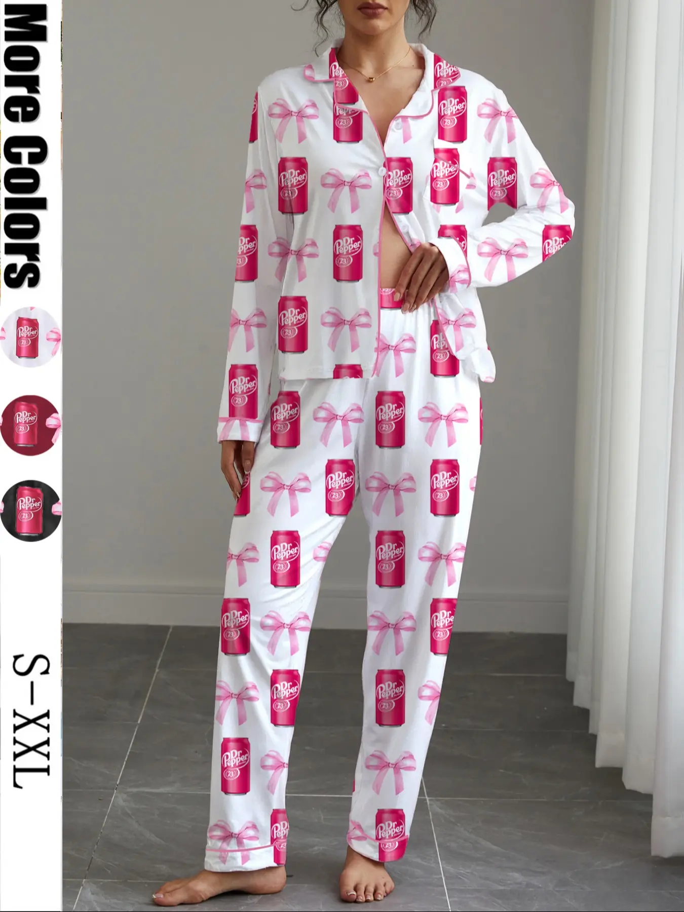 Dr Pepper, Women's Fall Winter Home Set Cozy Loungewear, Soda Pattern Printed Sleepwear, Shirt Collar Button Long Sleeve Top and Loose Elastic Pants, Pajama Set, Pjs, Casual