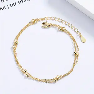 Double Layer Gold Chain Anklet with Round Beads and Charms - Elegant Women's Wedding Party Jewelry Gift, Adjustable Length, Copper Material, Wedding Jewelry |   Elegant Foot Care |   Durable Jewelry evil  eye  protection