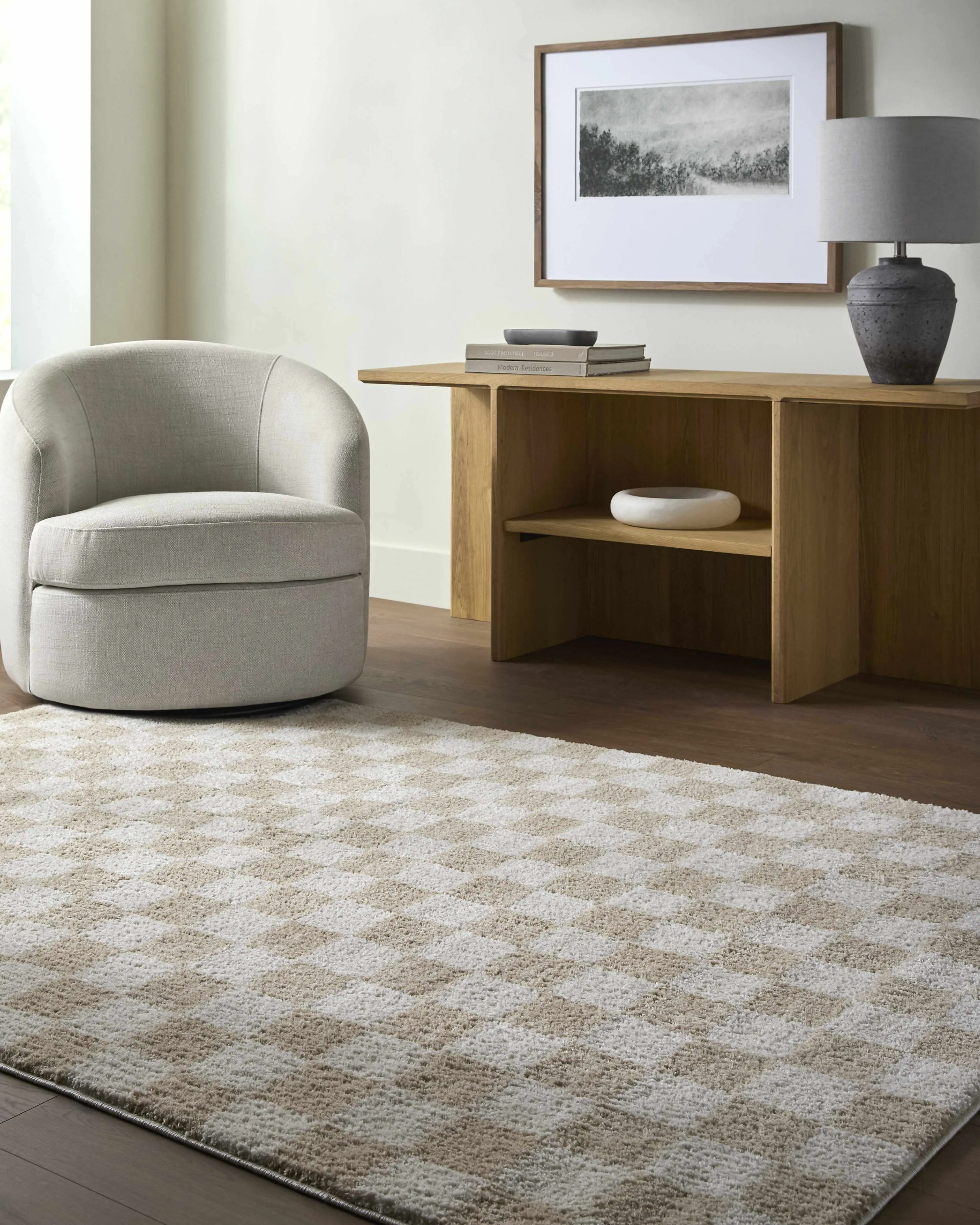 Canika Cream Checkered Washable Area Rug - Home Decorative Living Room Rug, Home Decorative Rugs, Living Room Rugs