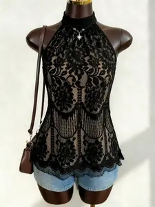 Plus Size Lace Halter Top, French Cut Out Slim Fit Short Sleeve Shirt, Women's Fashionable Chic Bodycon Dressing Up Piece, Halter Neck, Womenswear
