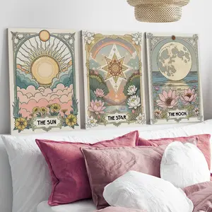 3 Counts Wood Framed Canvas Vintage Sun Star Moon Tarot Wall Art, Retro Floral Botanical Wall Art, Ready To Hang, Celestial Wall Decor, Sun Moon Print, Home And Dormitory Decoration