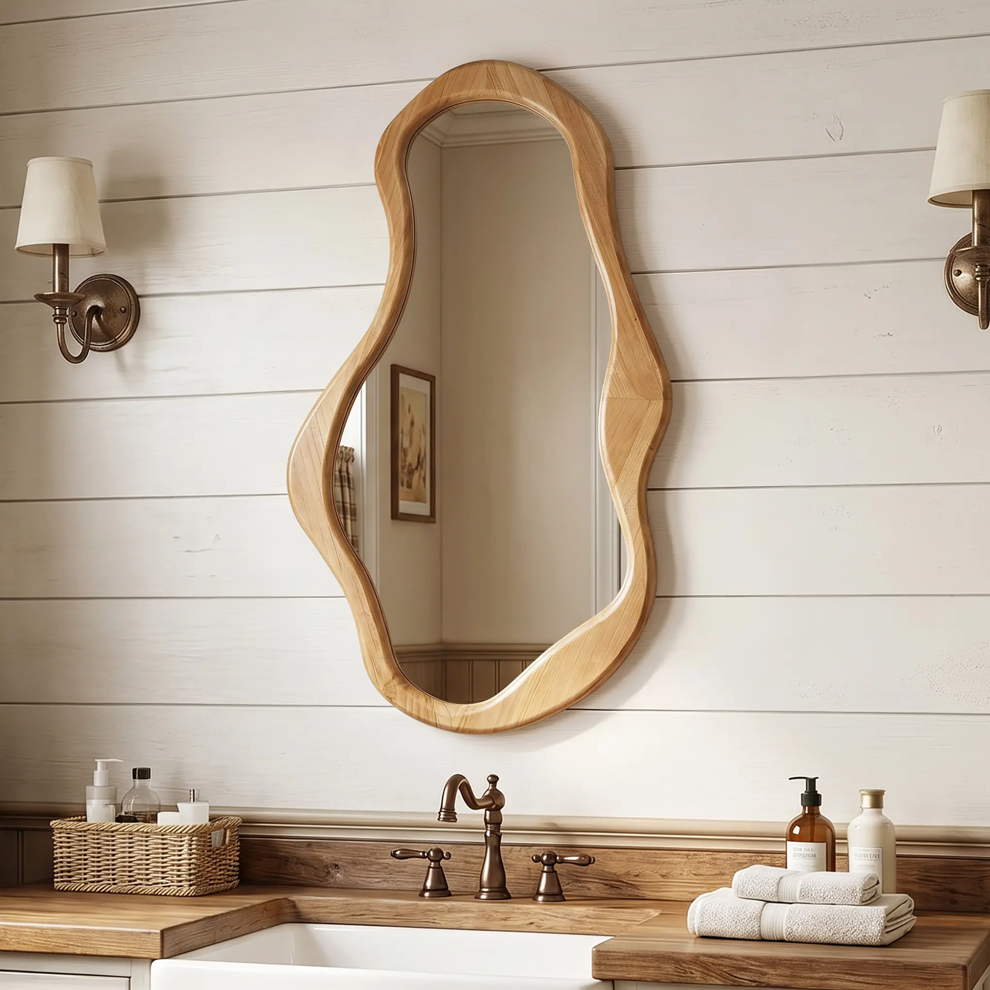 39.5" Asymmetrical Arcus Pine Wood Wall Mirror