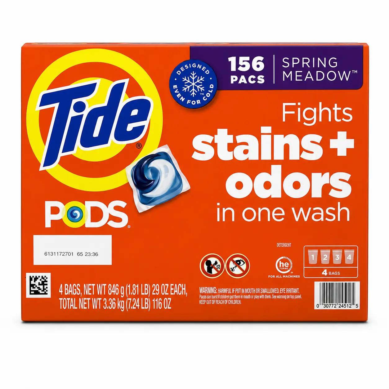Tide PODS Laundry Detergent Pacs, Spring Meadow Scent, 156-Count (4 Bags), HE-Compatible, Cold Water Safe, Stain & Odor Fighter