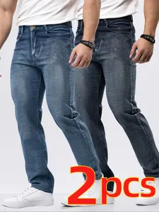 Men's 2-Piece Washed Plain Classic Slim Fit Straight Leg Jeans Pants Pocket, & Blue Business Denim Jeans, Casual Daily Wear, Elastic Waist, Fitted Style