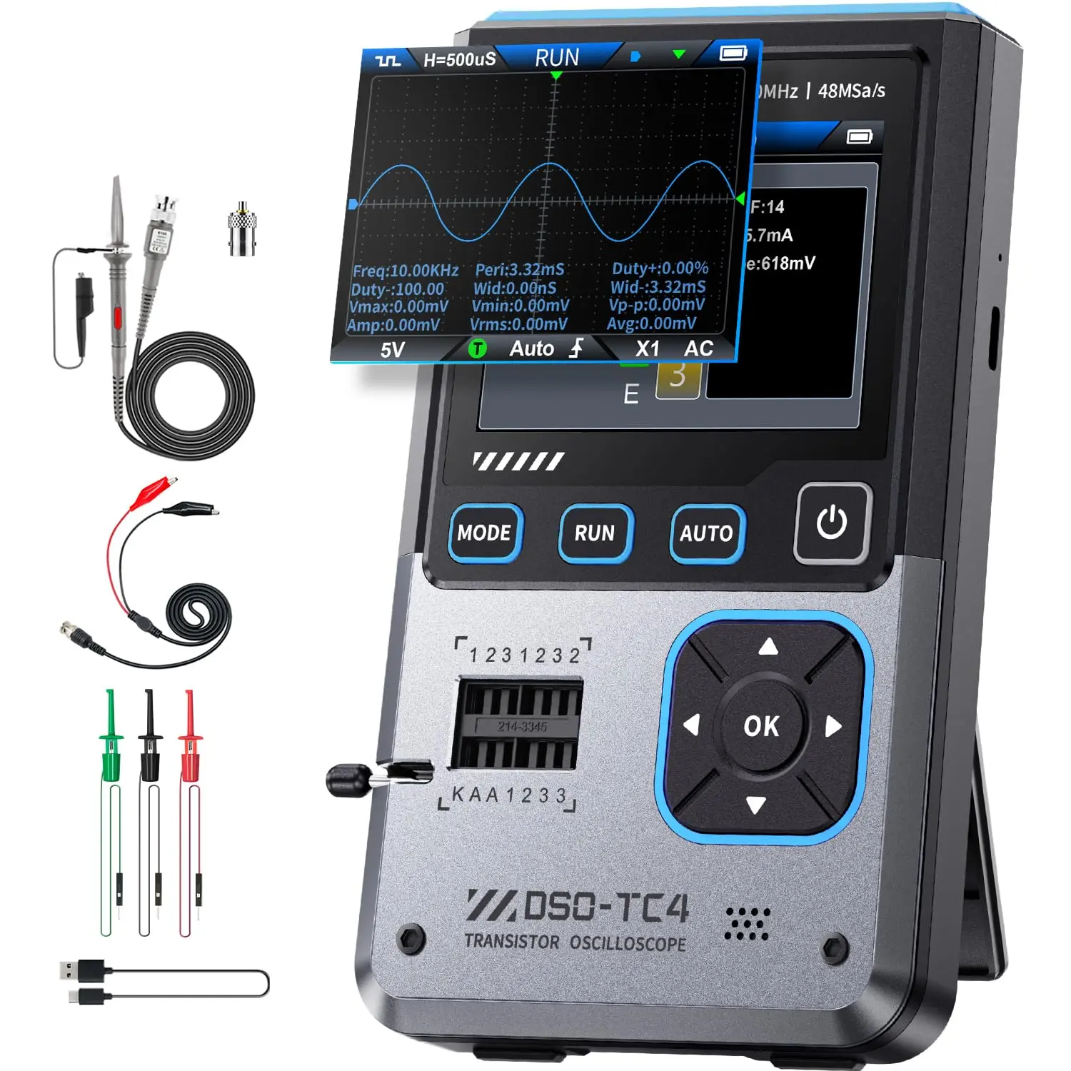 FNIRSI DSO-TC4 Upgrade 3-in-1 Handheld Oscilloscope Multimeter, 10MHz 48Ms/s Circuit Tester Tool with TFT Display, 400V Input for Safer Checks, Full-Range Burnout Guard & Transistor Tester for Electronics Component Testing