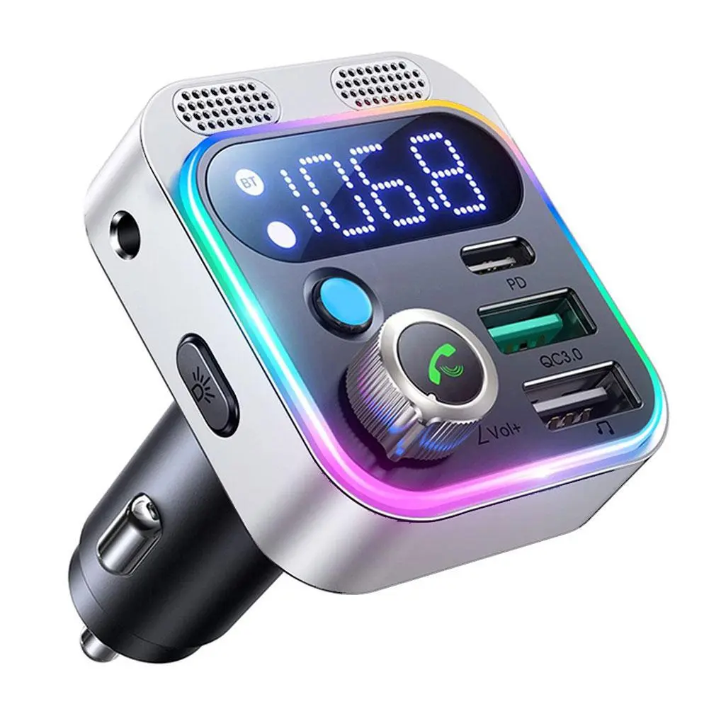 Car Bluetooth 5.0 FM Transmitter, 3-Port USB Charger Adapter with AUX Audio & Bass Boost, Wireless Hands-Free Kit for All Vehicles