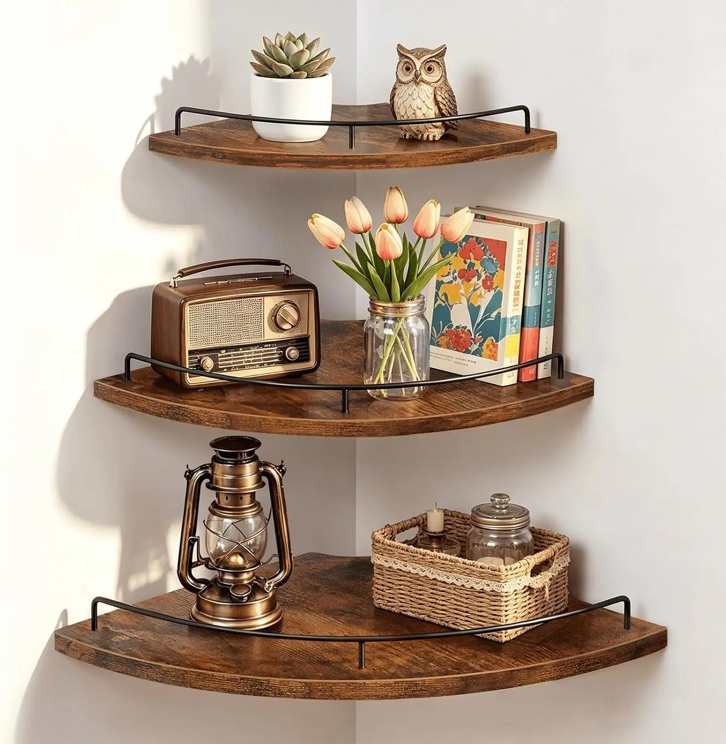Corner Shelf Wall Mounted Set of 3 9/10/12 Inch Deep Corner Floating Shelves Wood Round Hanging Display Shelf with Guardrail for Bathroom Bedroom Kitchen Living Room Rustic Brown
