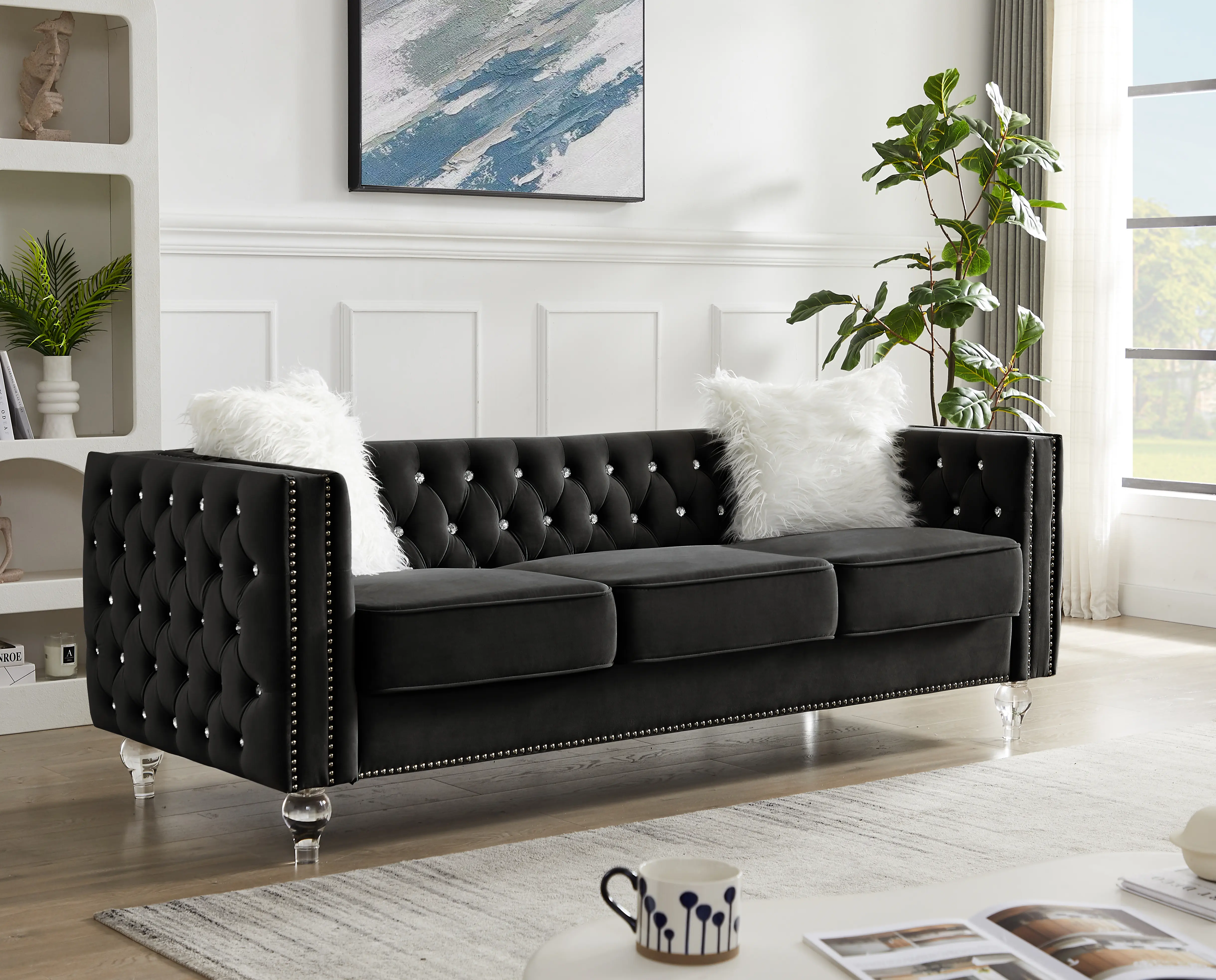 Luxury 3-seater sofa couch with acrylic crystal legs, Chesterfield 3-seater sofas, modern 83.07" diamond button tufted 3-seat couches with silver nailhead trim for living room